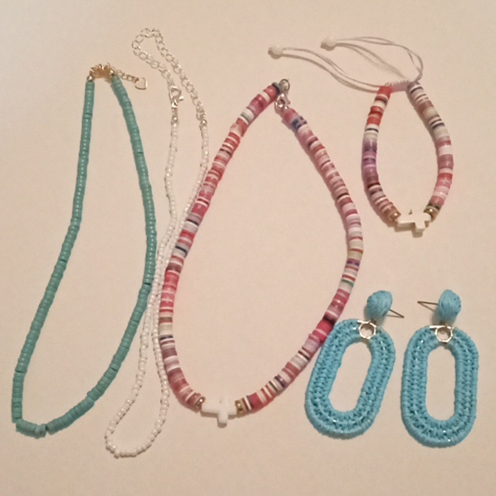 #1029.  5 Piece Glass Seed Bead, Multi Colored, Cross & Raffia Earring Bundle